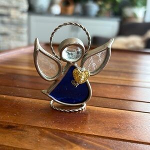 Vintage Blue Stain Glass Etched Angel Figurine with Gold Heart